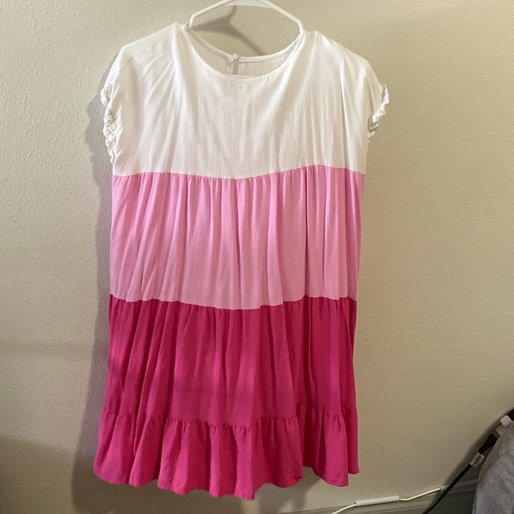 Pink/White short sleeve tiered dress